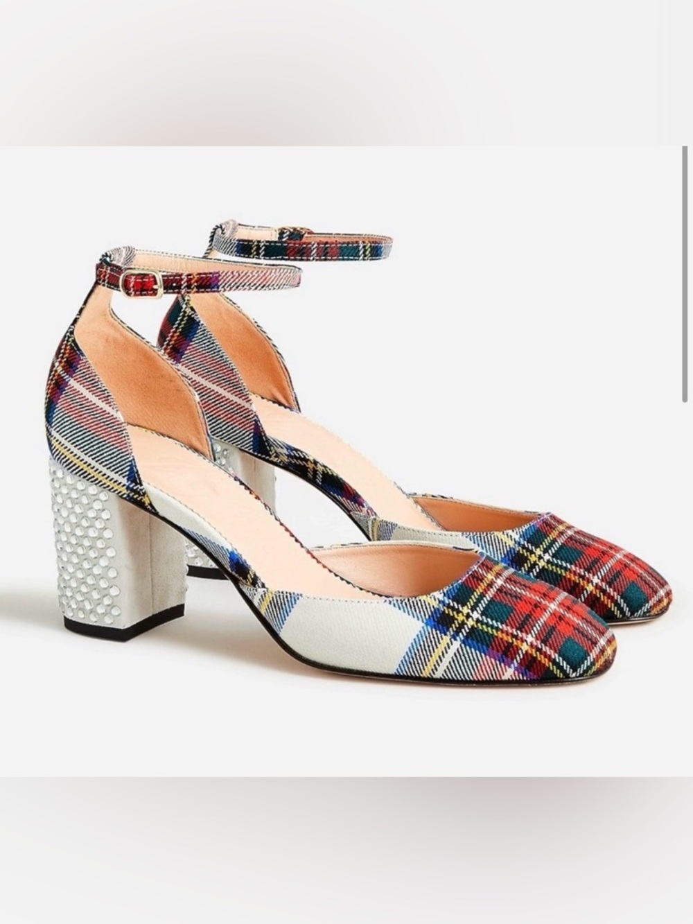 J.Crew Maisie Studded Rhinestone Heel Stewart Tartan Plaid Ankle Strap Pumps 8
